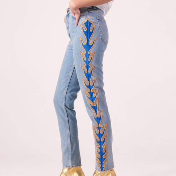 flame embroidered jeans